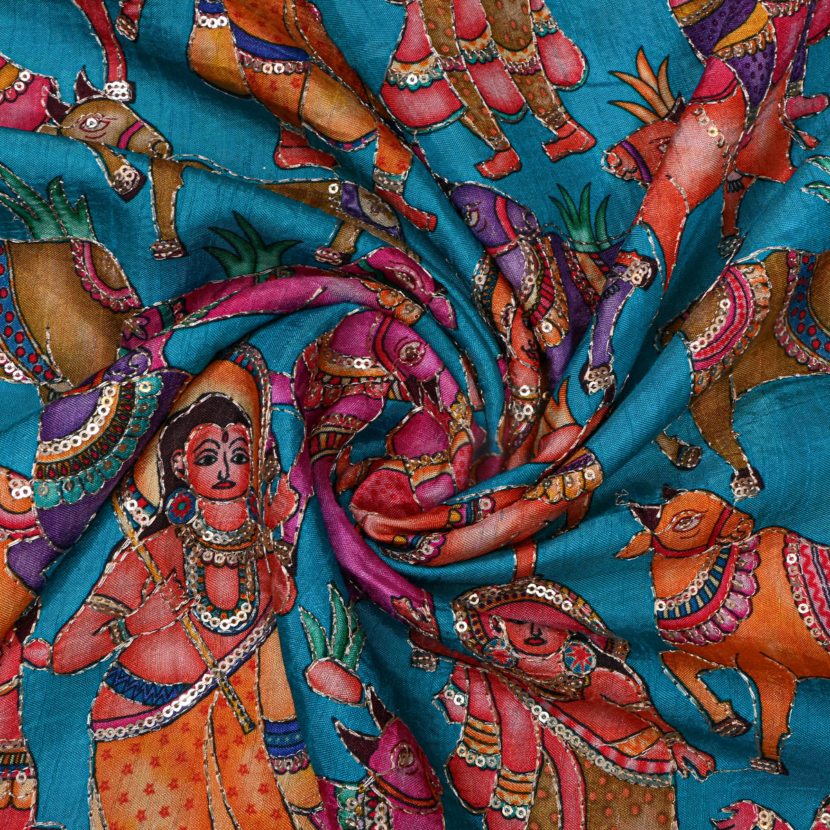 Teal Blue Kalamkari Pen Hand Painted Sequin Dupion Silk Fabric