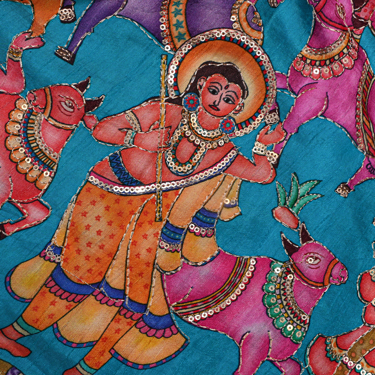 Teal Blue Kalamkari Pen Hand Painted Sequin Dupion Silk Fabric