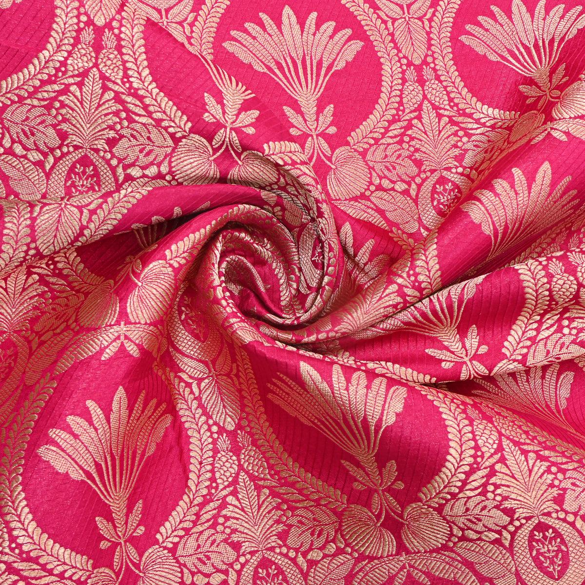 Fuchsia Pink Gold Floral Medallion Jamawar Silk Fabric