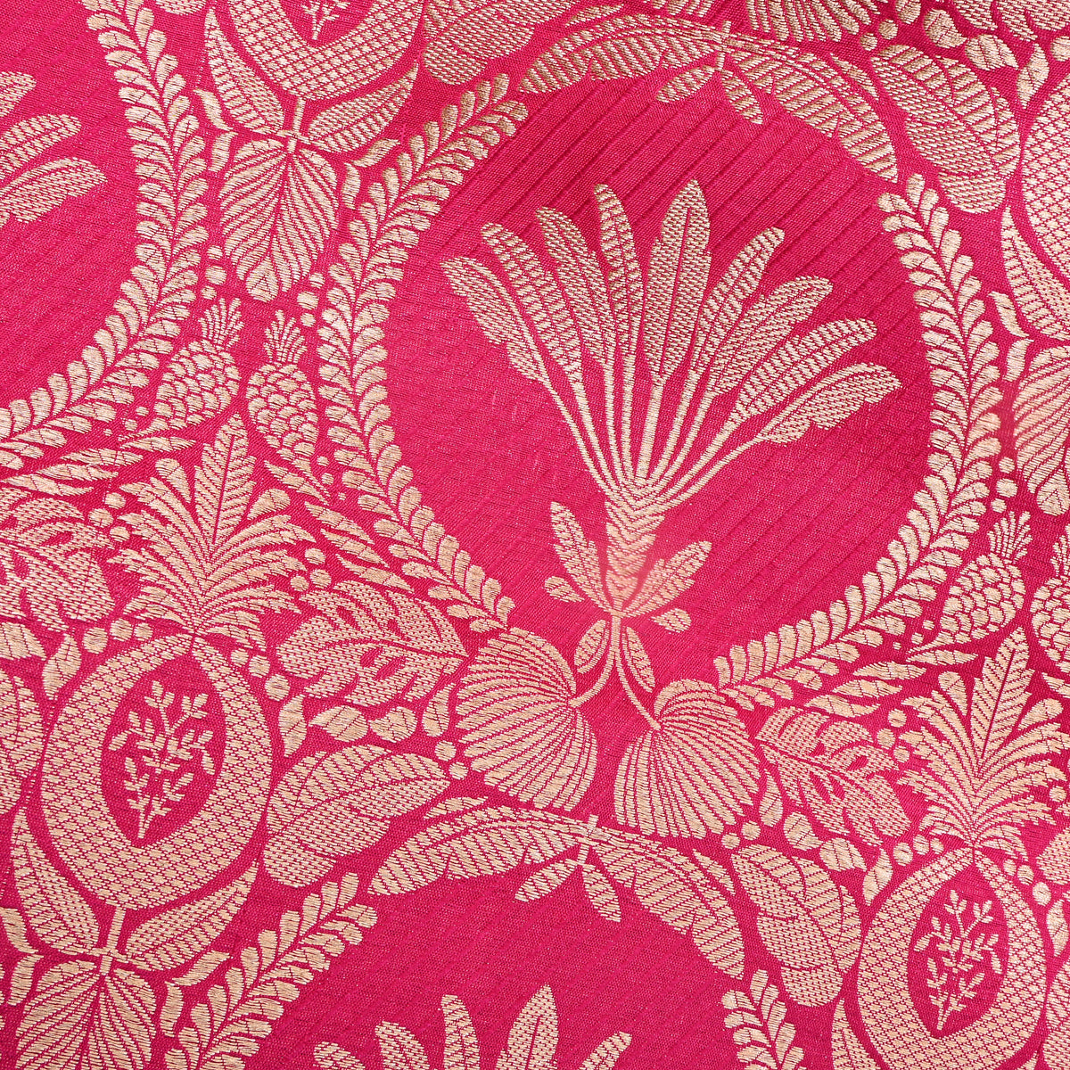 Fuchsia Pink Gold Floral Medallion Jamawar Silk Fabric