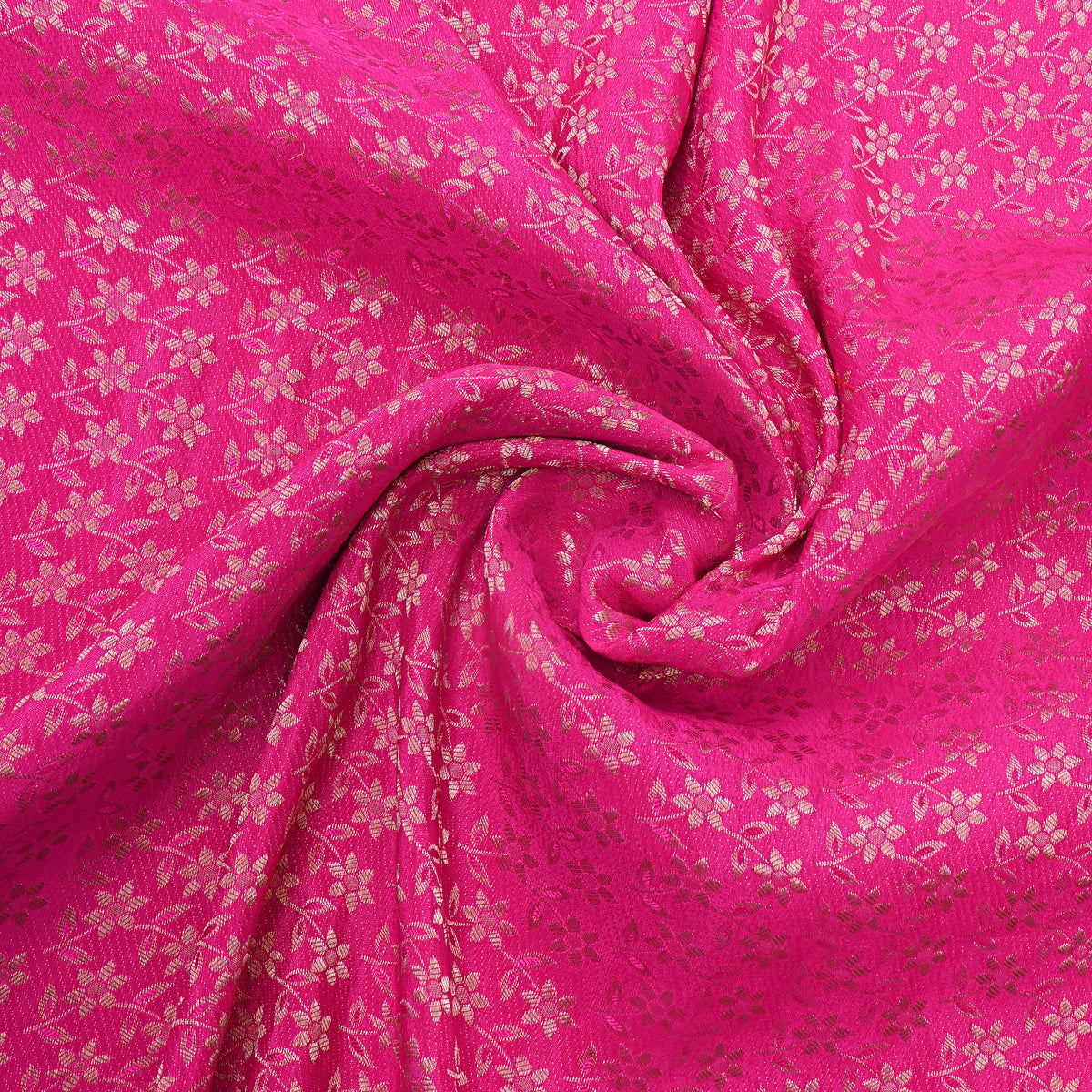 Fuchsia Pink Gold Zari Floral Weave Banarasi Silk Fabric