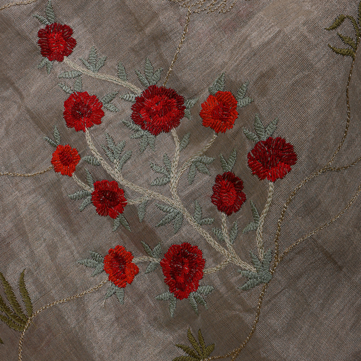 Grey Gold Floral Thread Work Tissue Fabric