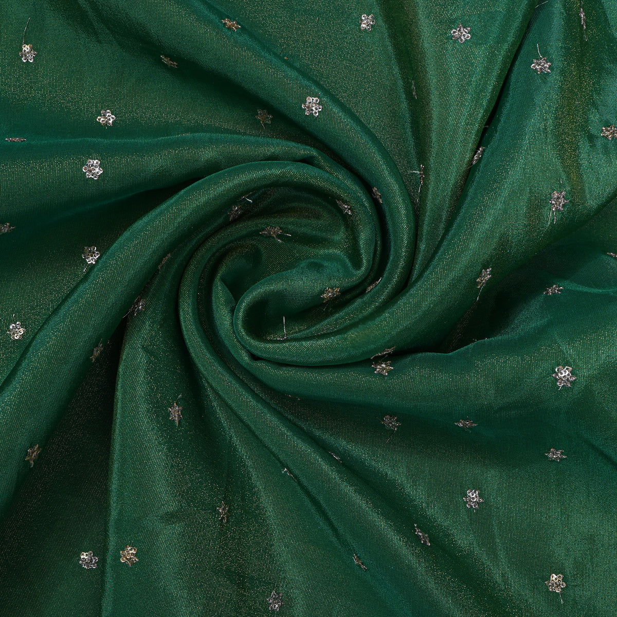 Emerald Green Silver Sequin Floral Butti Tissue Fabric