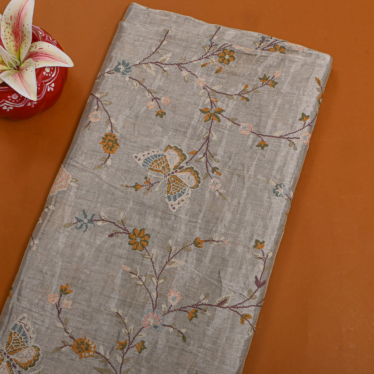 Dark Grey Kanchi Tissue Fabric with Connected Floral Jaal