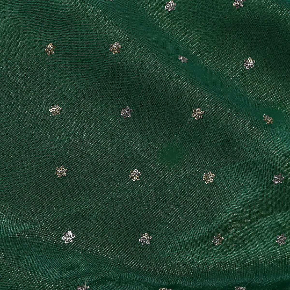 Emerald Green Silver Sequin Floral Butti Tissue Fabric