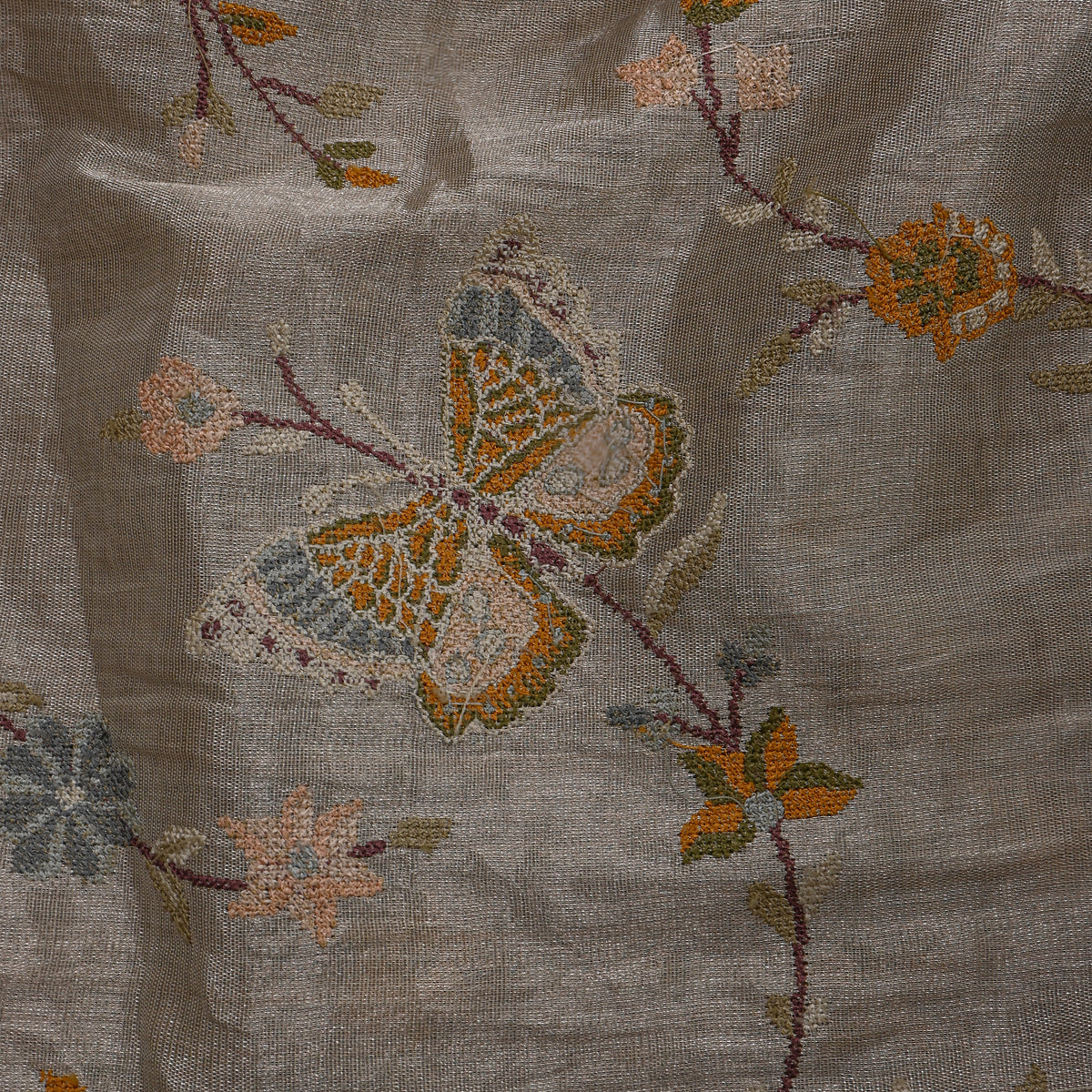 Dark Grey Kanchi Tissue Fabric with Connected Floral Jaal