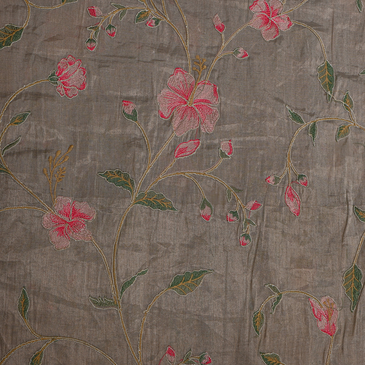 Gray Floral Jaal Thread Work Kanchi Tissue Fabric