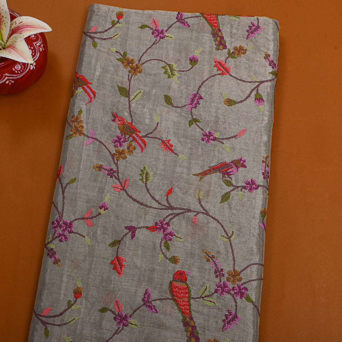 Grey Colourful Floral Jaal Bird Thread Work Tissue Fabric