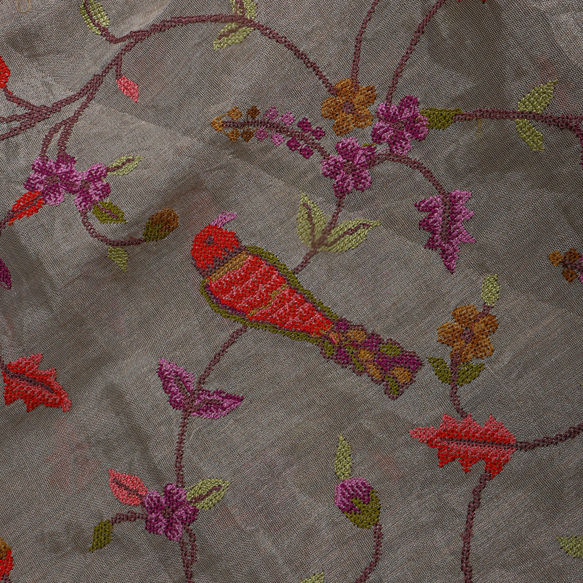 Grey Colourful Floral Jaal Bird Thread Work Tissue Fabric