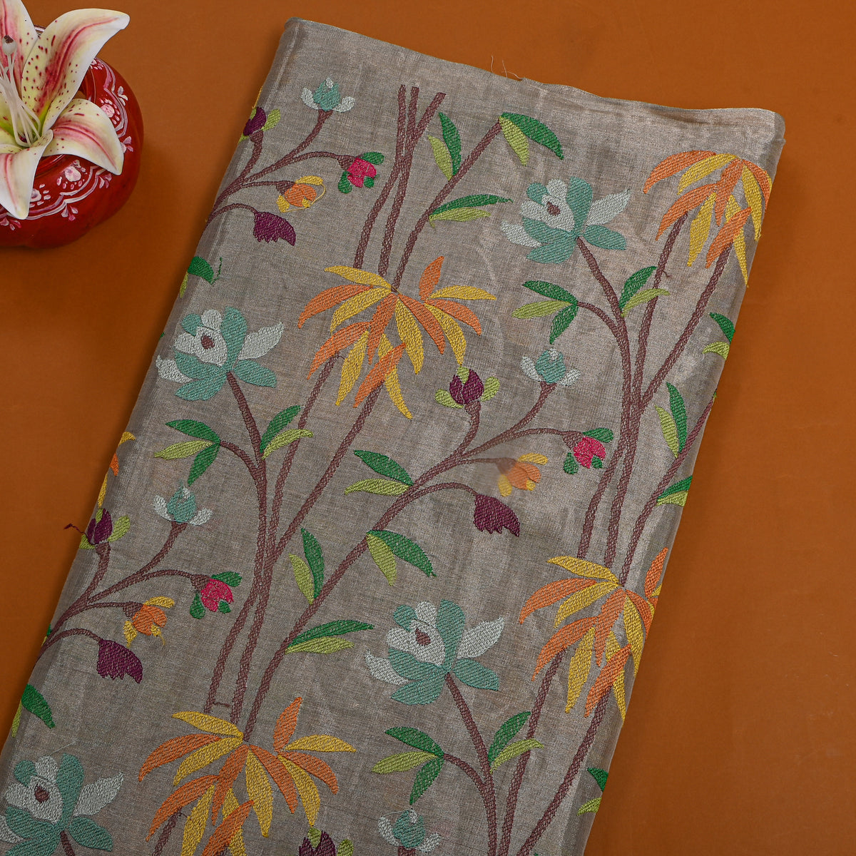 Grey Multicolour Floral Thread Work Tissue Fabric