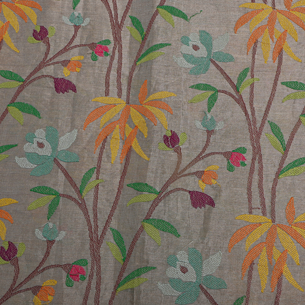 Grey Multicolour Floral Thread Work Tissue Fabric