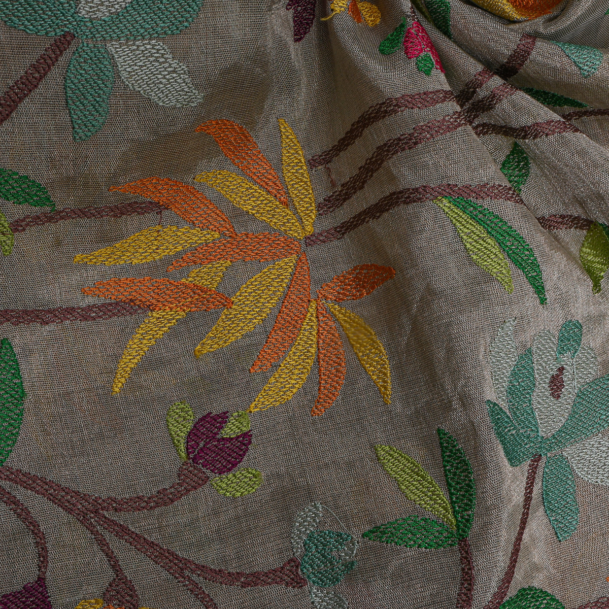 Grey Multicolour Floral Thread Work Tissue Fabric