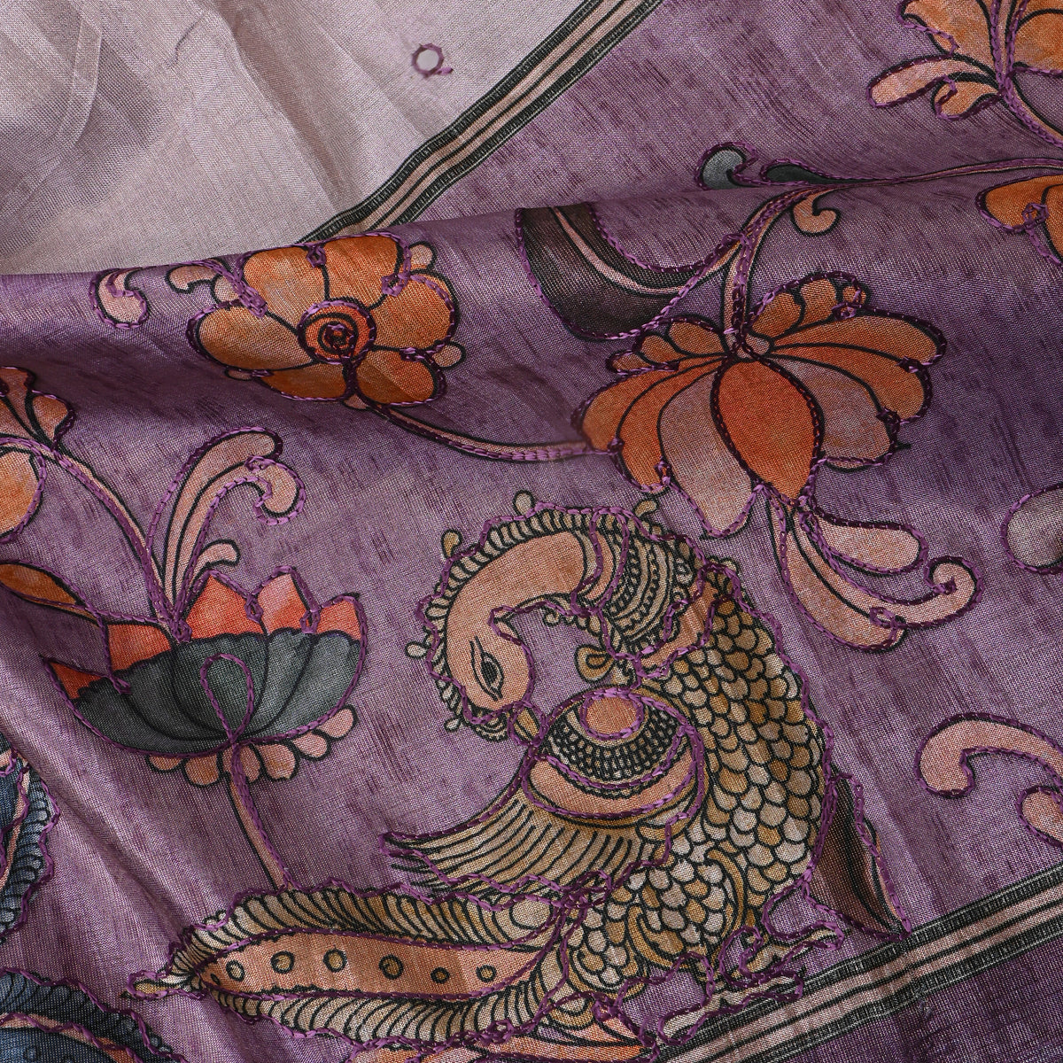 Purple Fancy Bird Butti Printed Dupion Silk Fabric