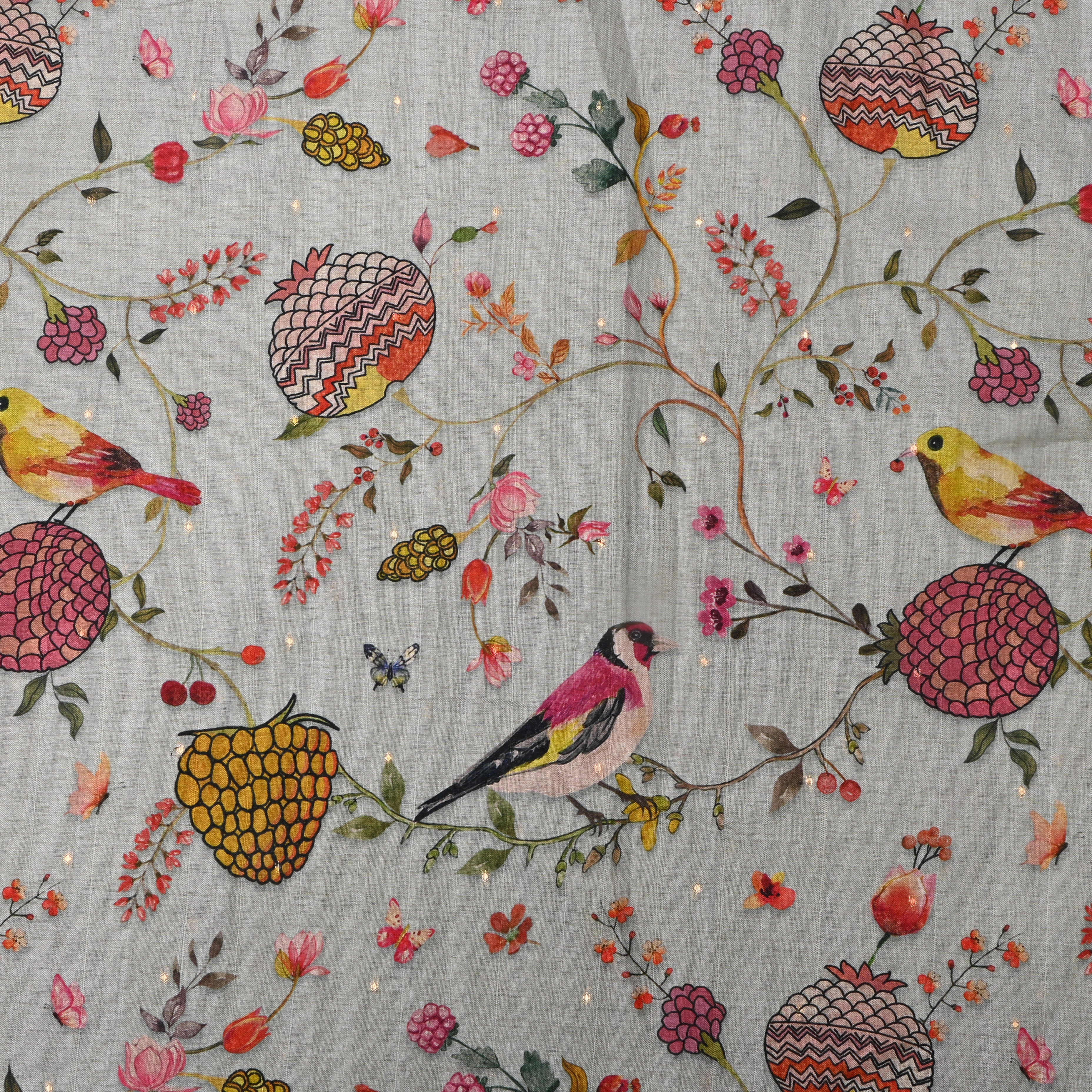 Light Grey Tussar Fabric With Digital Print Patterns