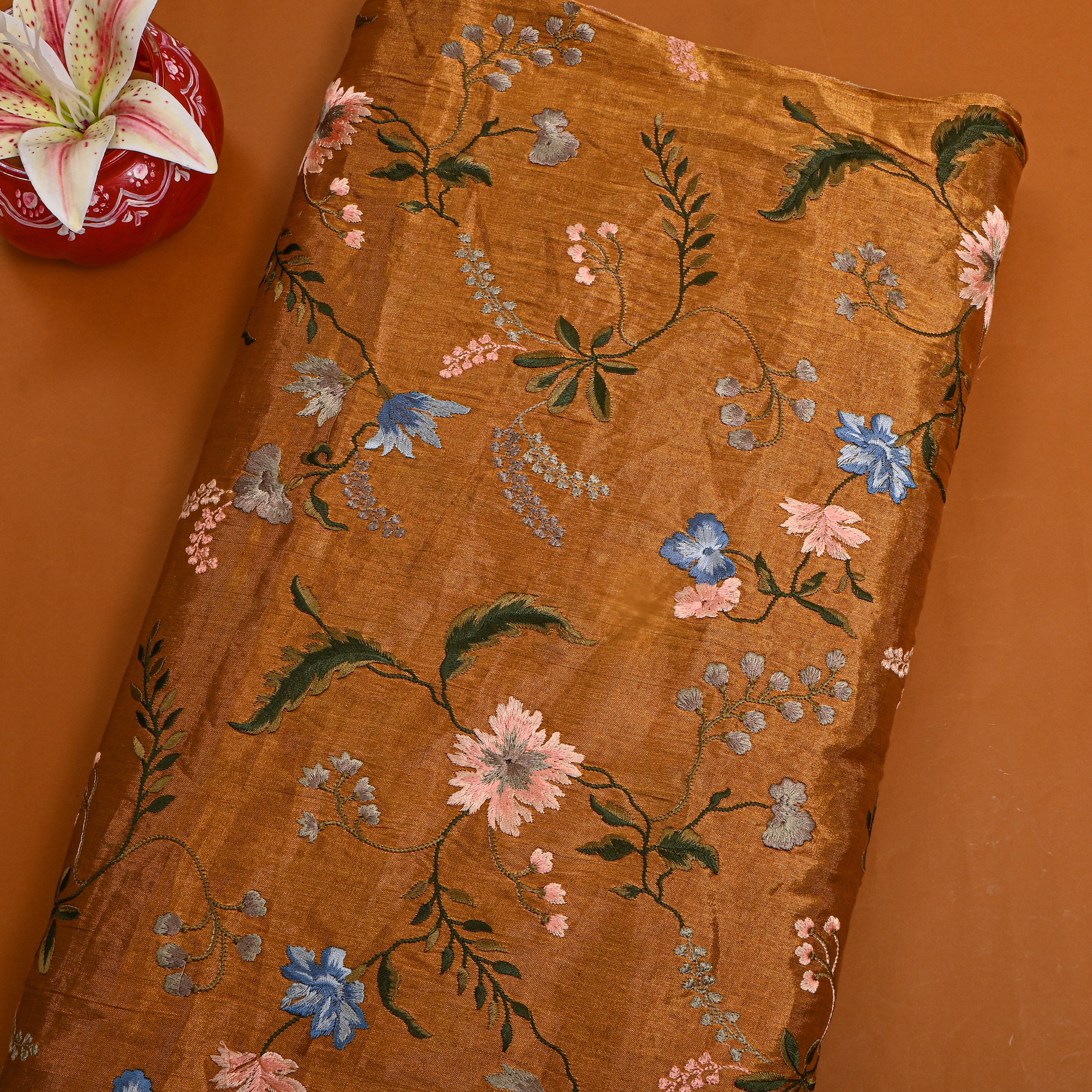 Dark Grey Tissue Fabric With Rose Jaal Thread Work