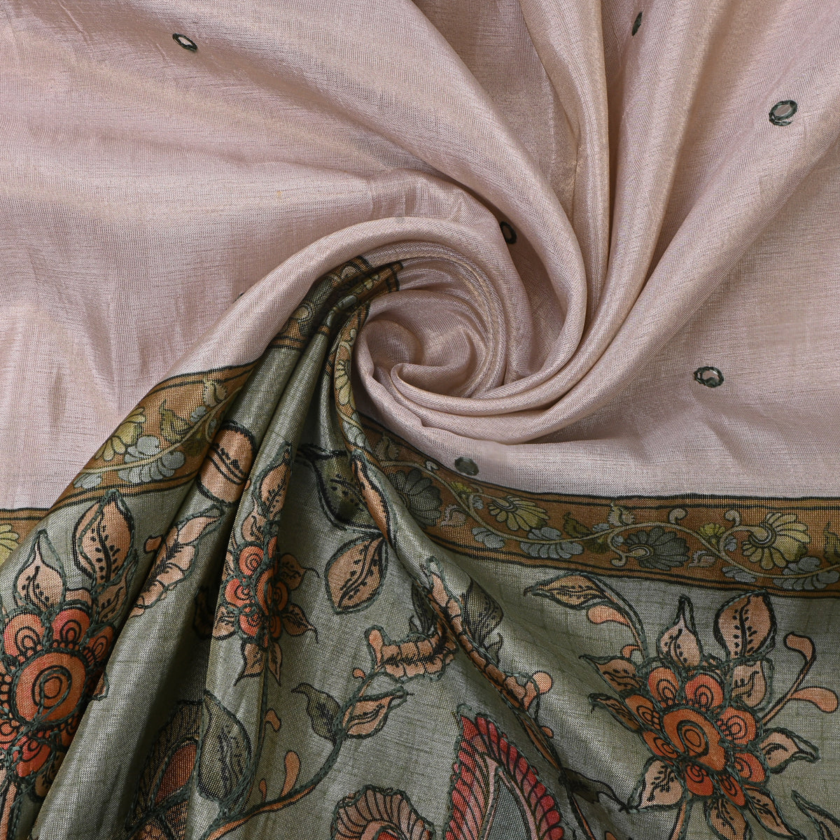 Cream Fancy Green Floral Printed Dupion Silk Fabric