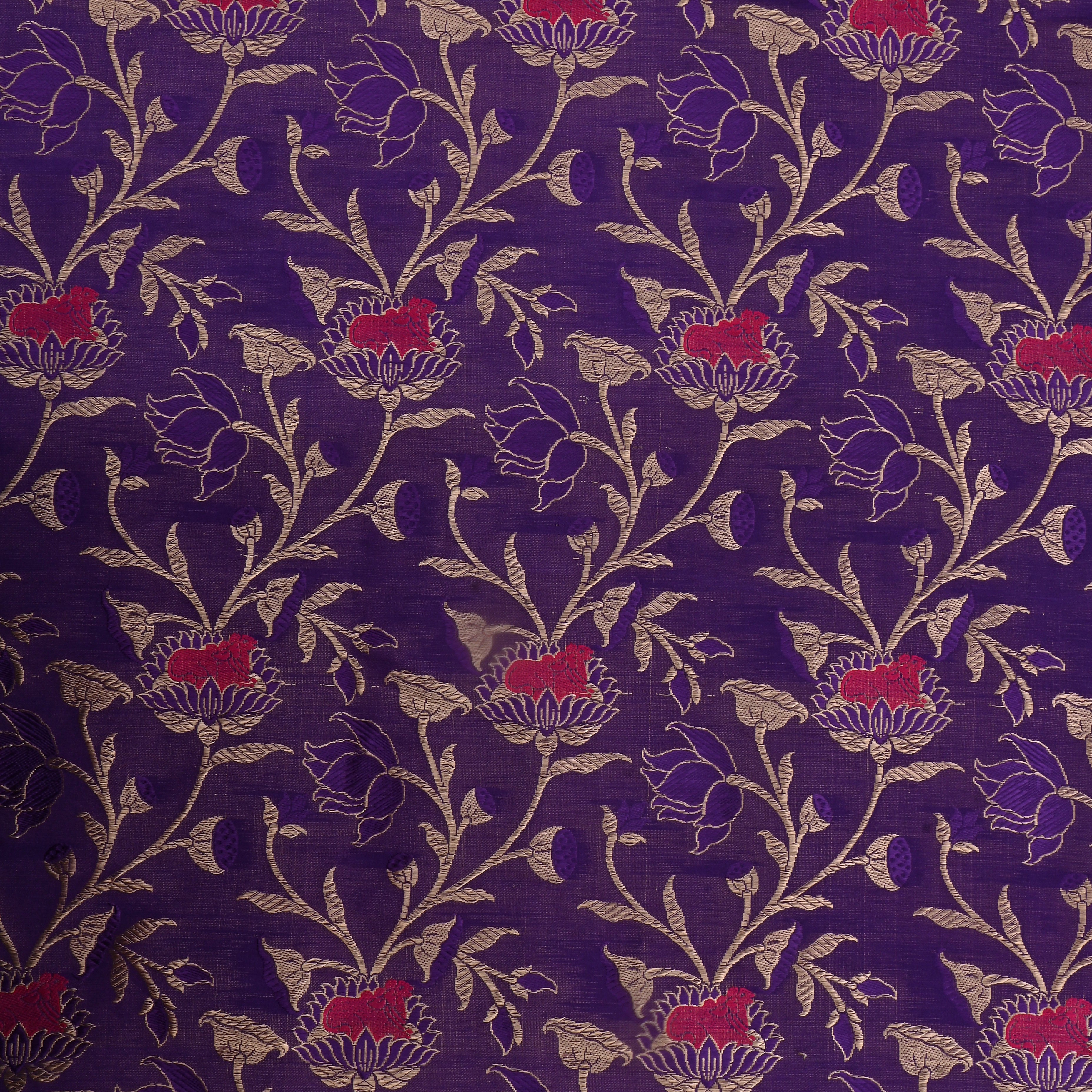 Honey Flower Violet Jamawar Satin Fabric With Floral Jaal