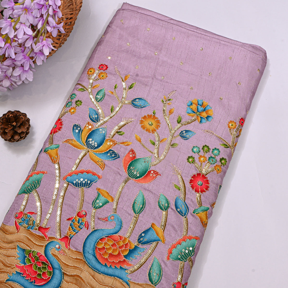Lilac Haze Swan Lotus Sequin Printed Embroidery Dupion Silk Fabric