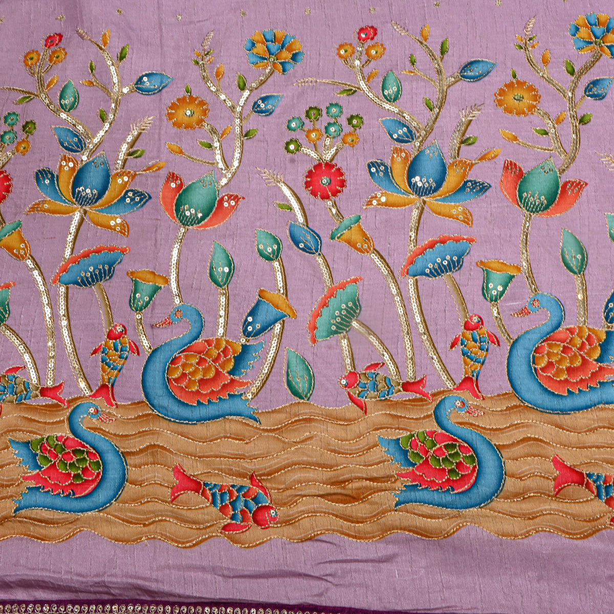 Lilac Haze Swan Lotus Sequin Printed Embroidery Dupion Silk Fabric