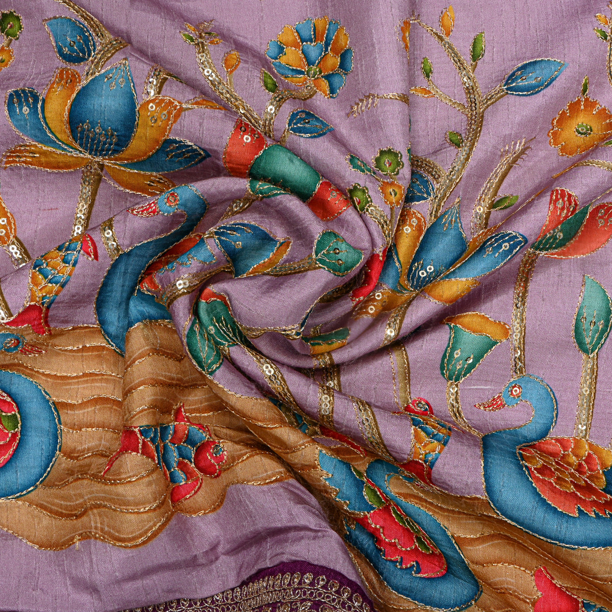 Lilac Haze Swan Lotus Sequin Printed Embroidery Dupion Silk Fabric