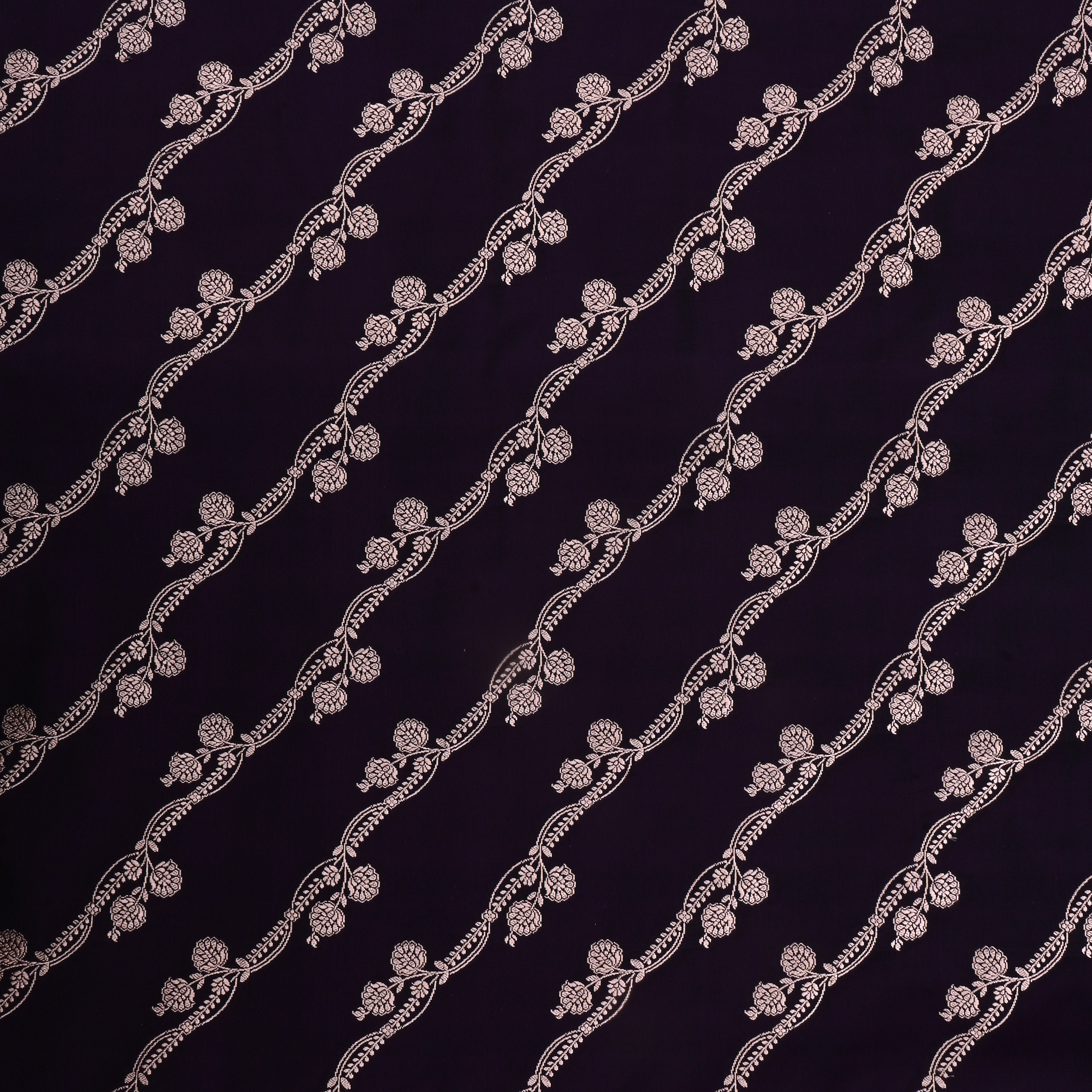 Black Jamawar Satin Fabric With Floral Stripes