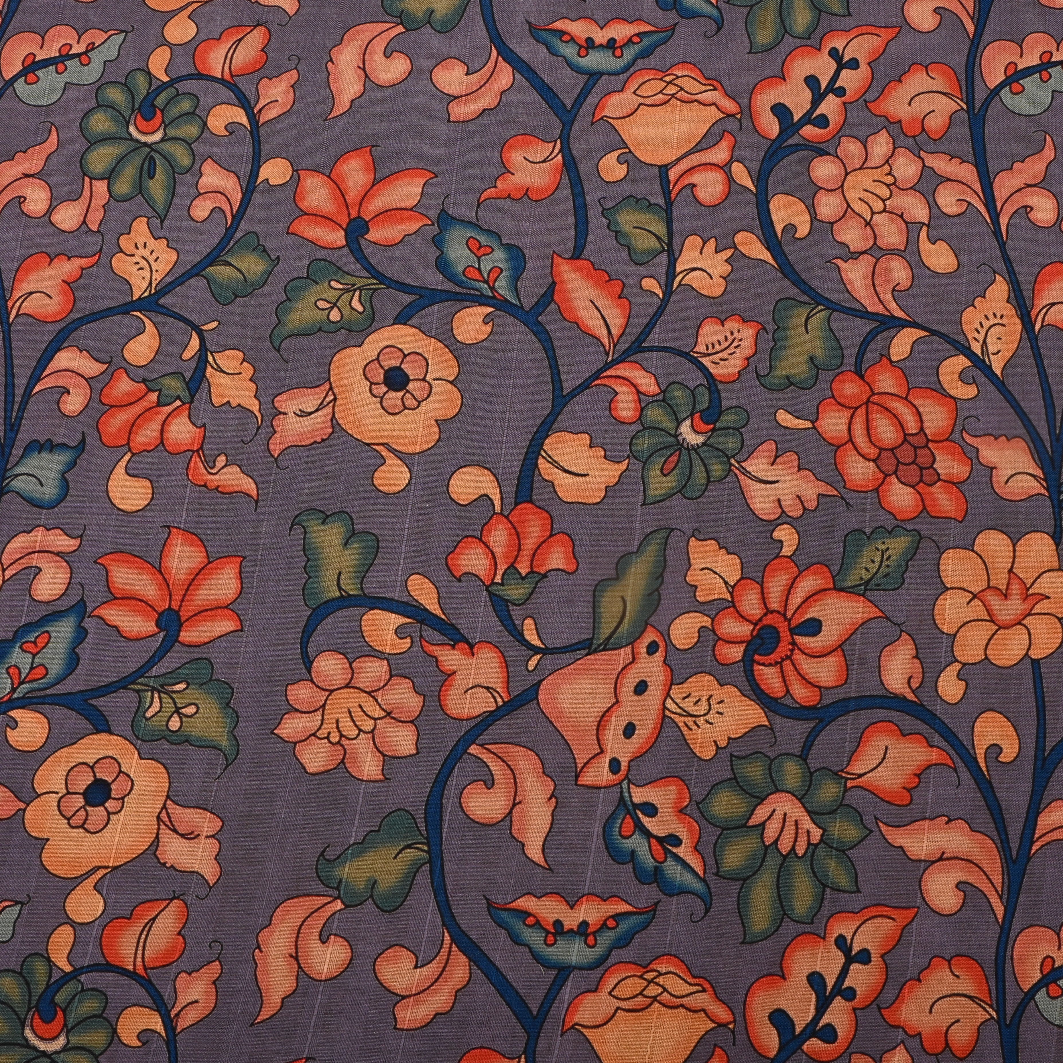 Iris Blue Floral Printed Tussar Fabric