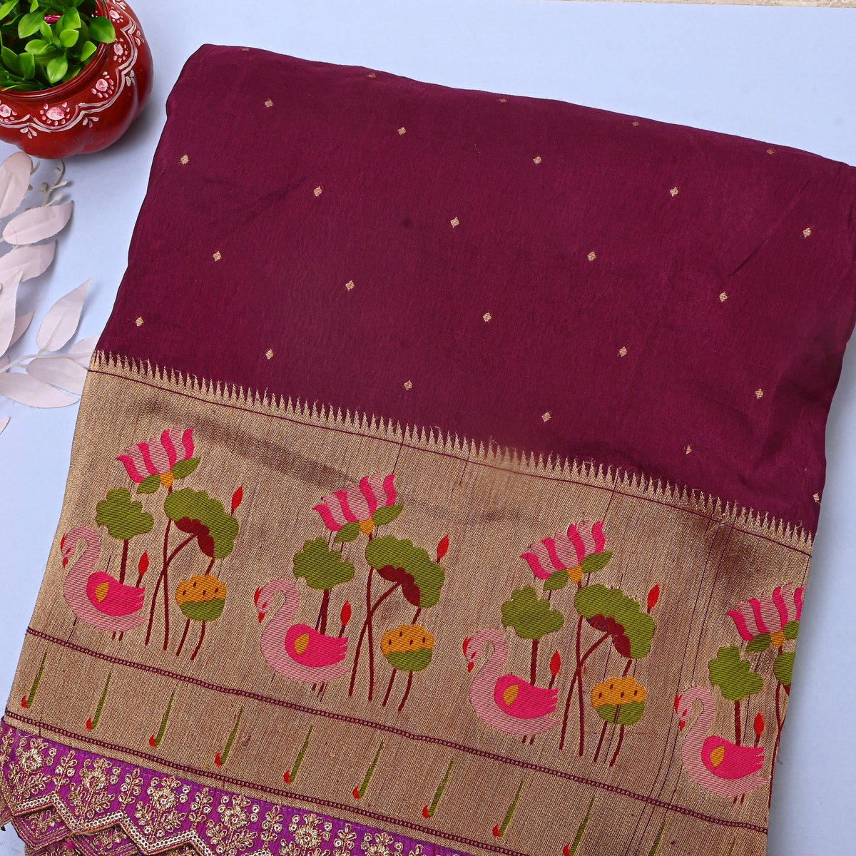 Maroon Paithani Gold Butti Banarasi Silk Fabric