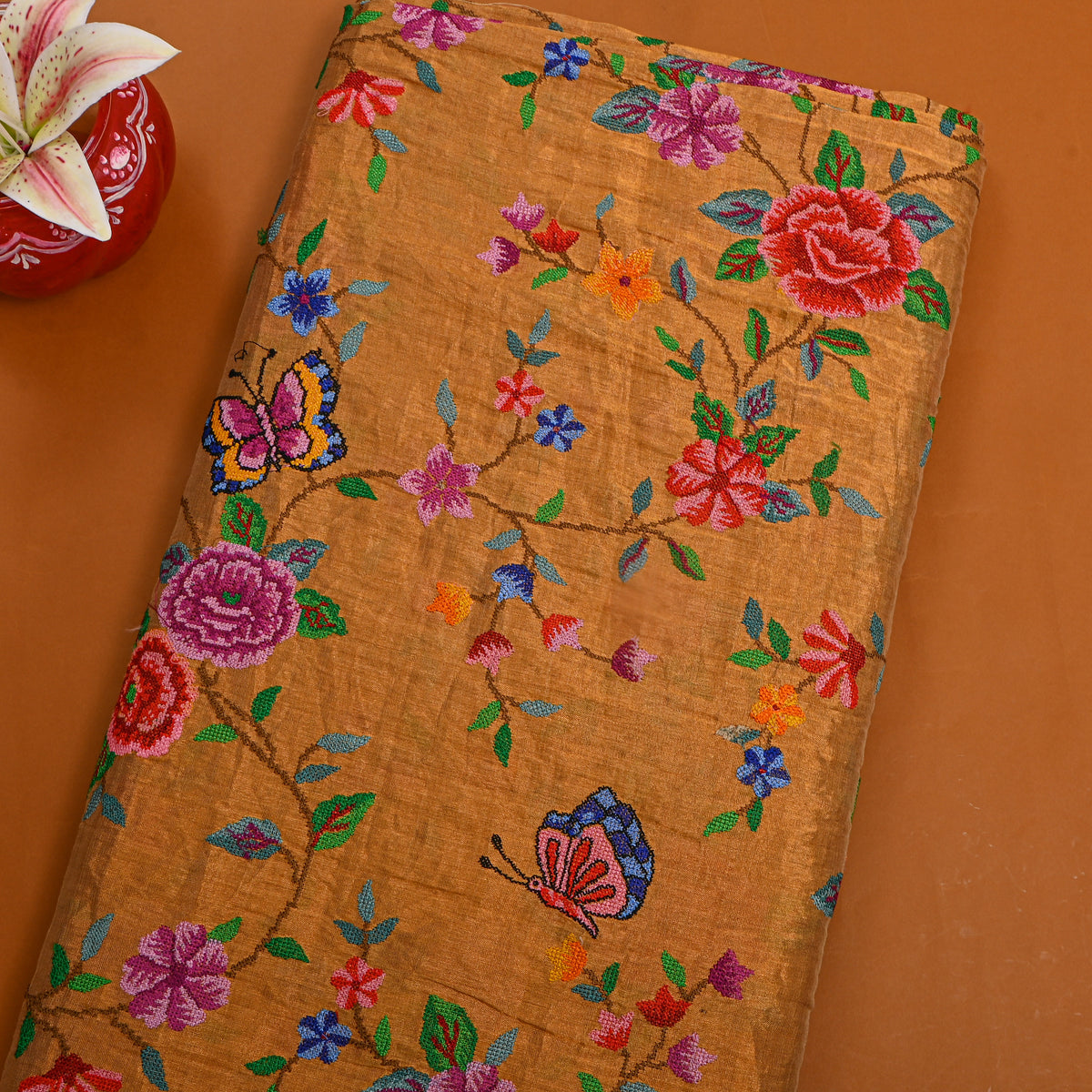 Orange Colourful Floral Jaal Butterfly Thread Work Tissue Fabric