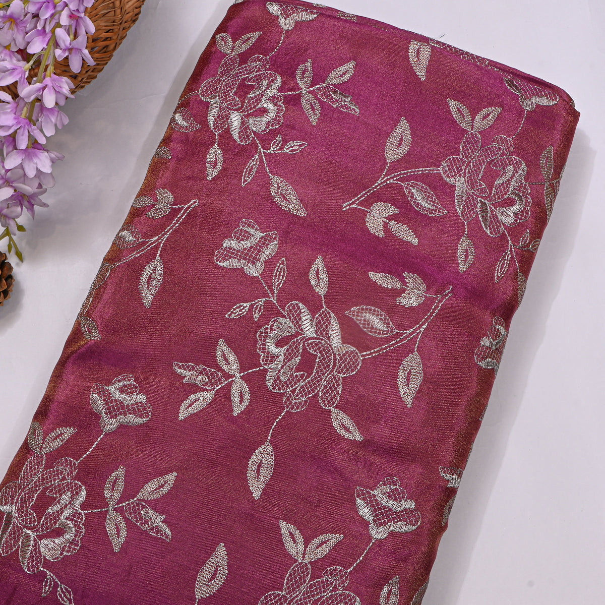 Deep Wine Floral Gold Zari Embroidered Tissue Fabric