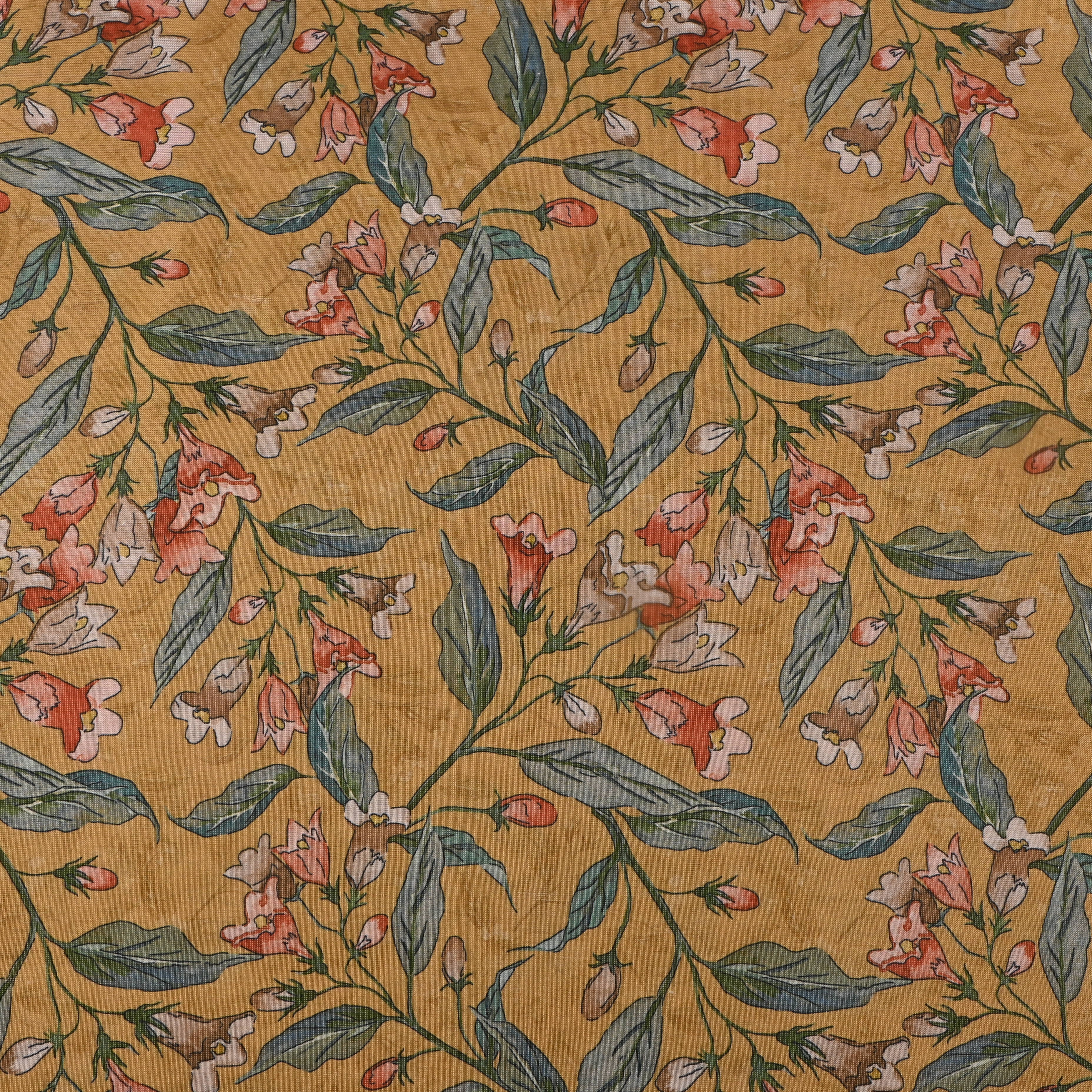 Flaxen Yellow Tissue Fabric With Floral Prints