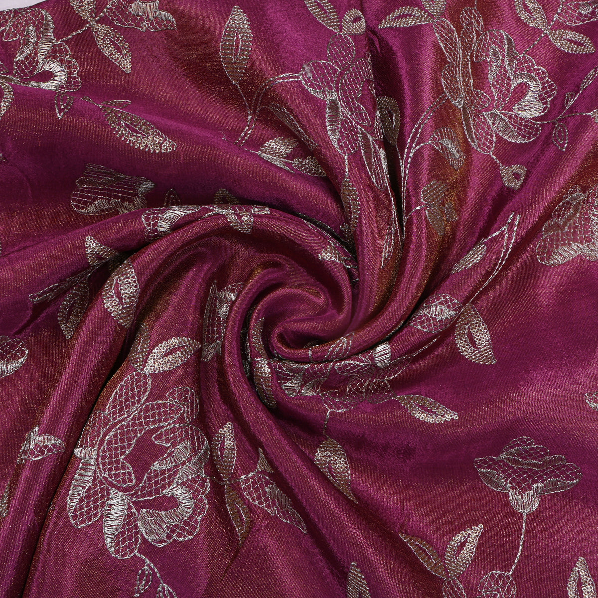 Deep Wine Floral Gold Zari Embroidered Tissue Fabric