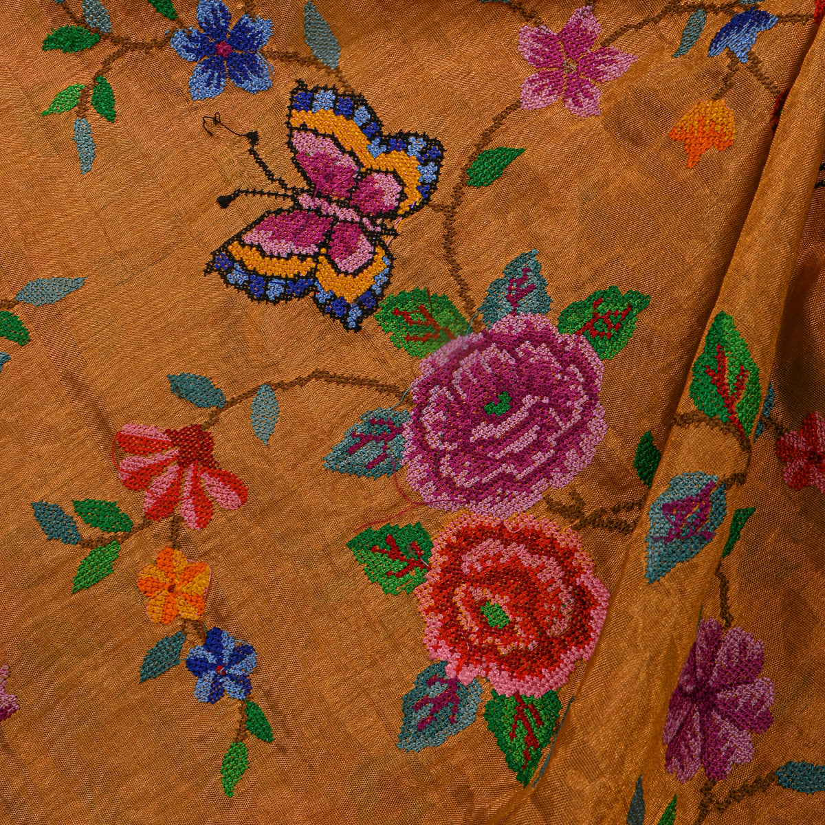 Orange Colourful Floral Jaal Butterfly Thread Work Tissue Fabric