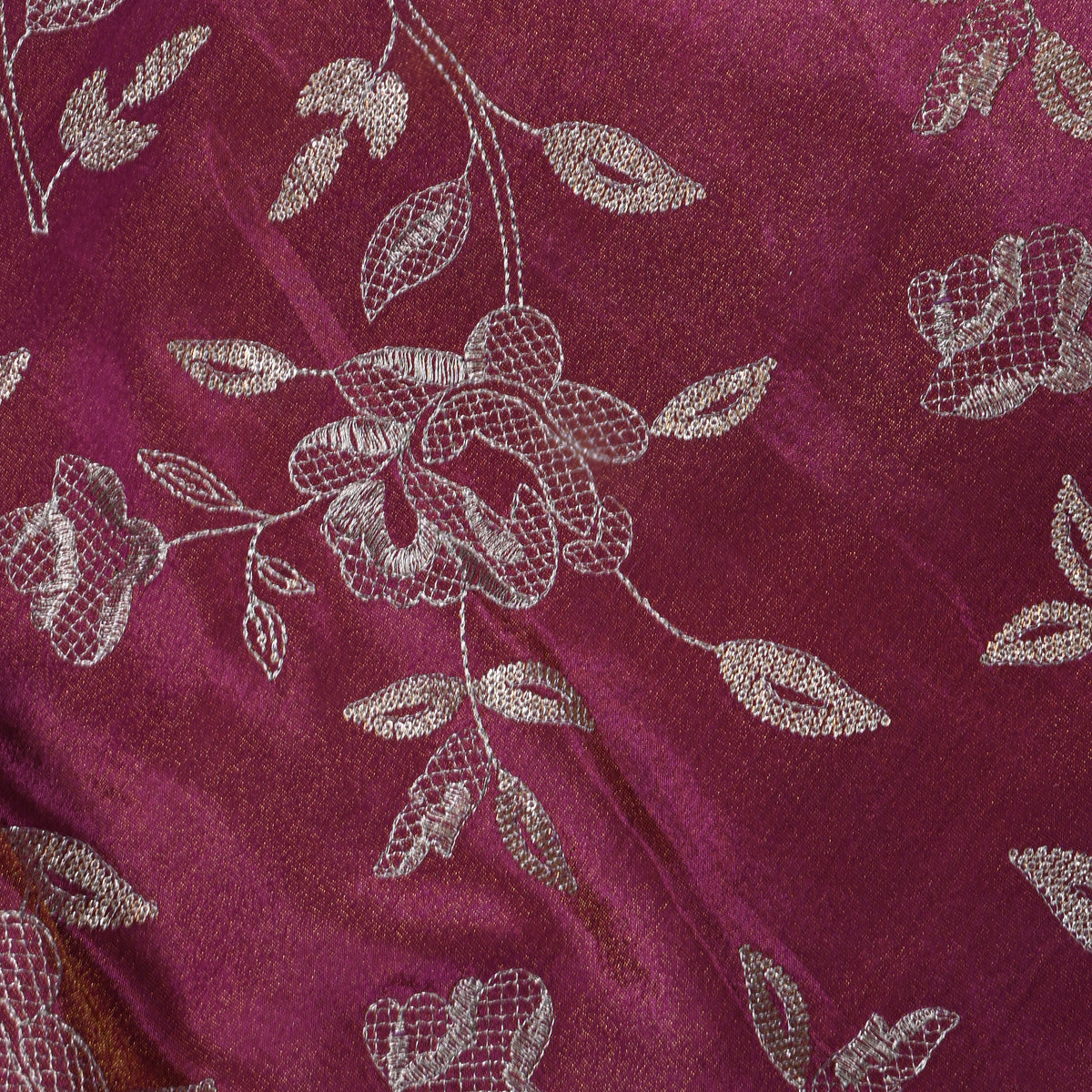 Deep Wine Floral Gold Zari Embroidered Tissue Fabric