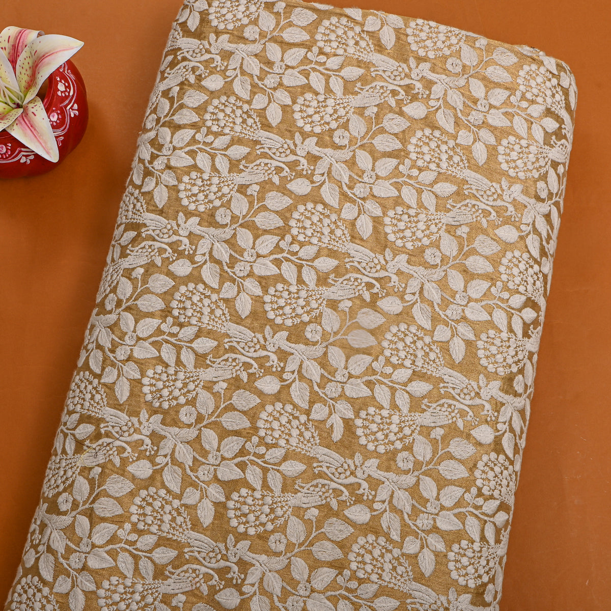 Gold Peacock Vine Thread Work Tissue Fabric