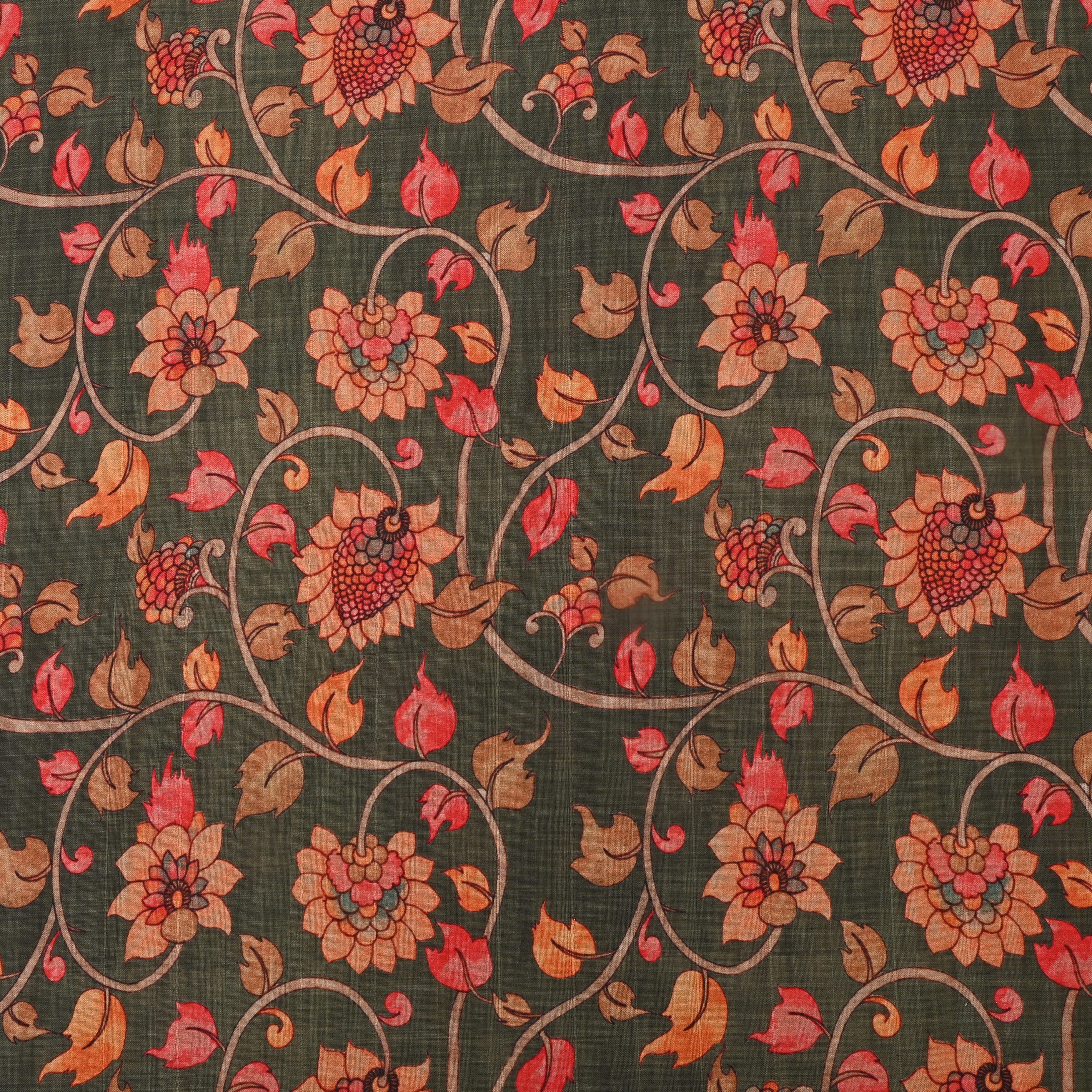 Dark Green Floral Printed Tussar Fabric