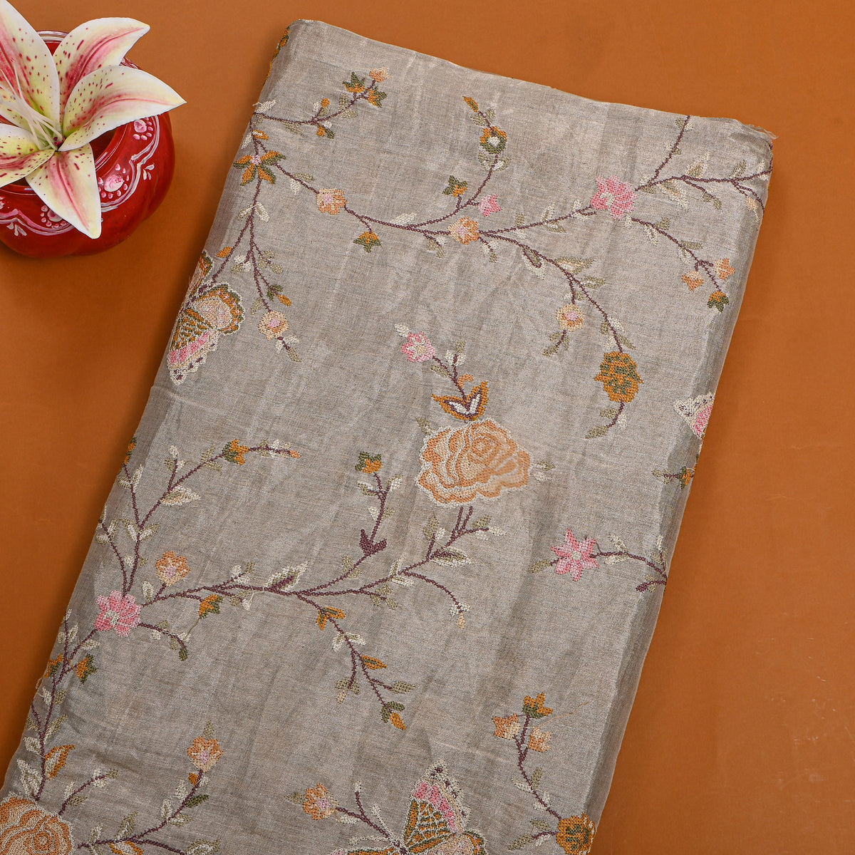 Dark Grey Tissue Fabric With Rose And Butterfly Jaal