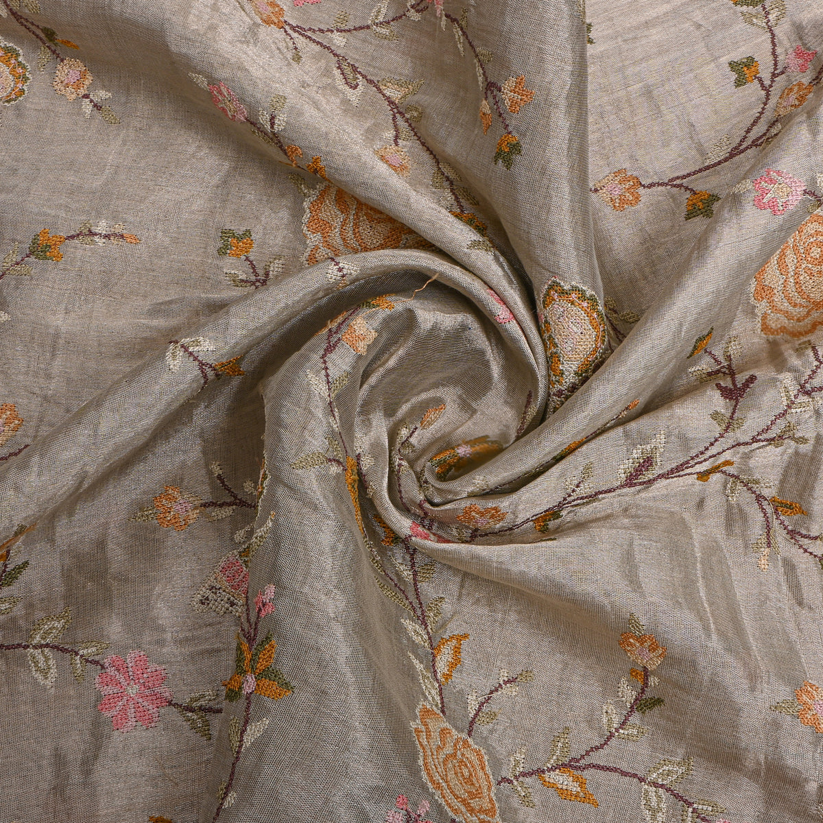 Dark Grey Tissue Fabric With Rose And Butterfly Jaal