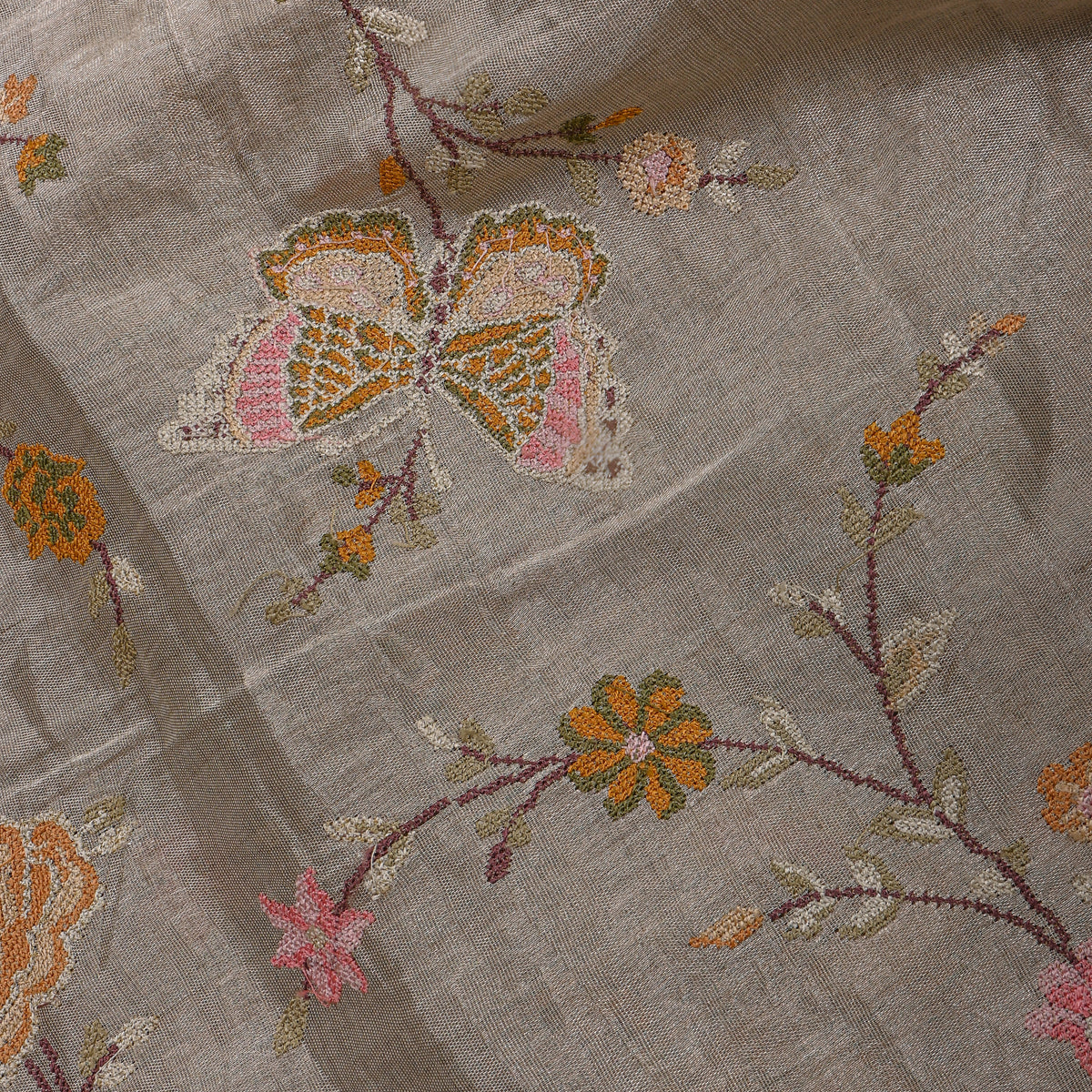 Dark Grey Tissue Fabric With Rose And Butterfly Jaal