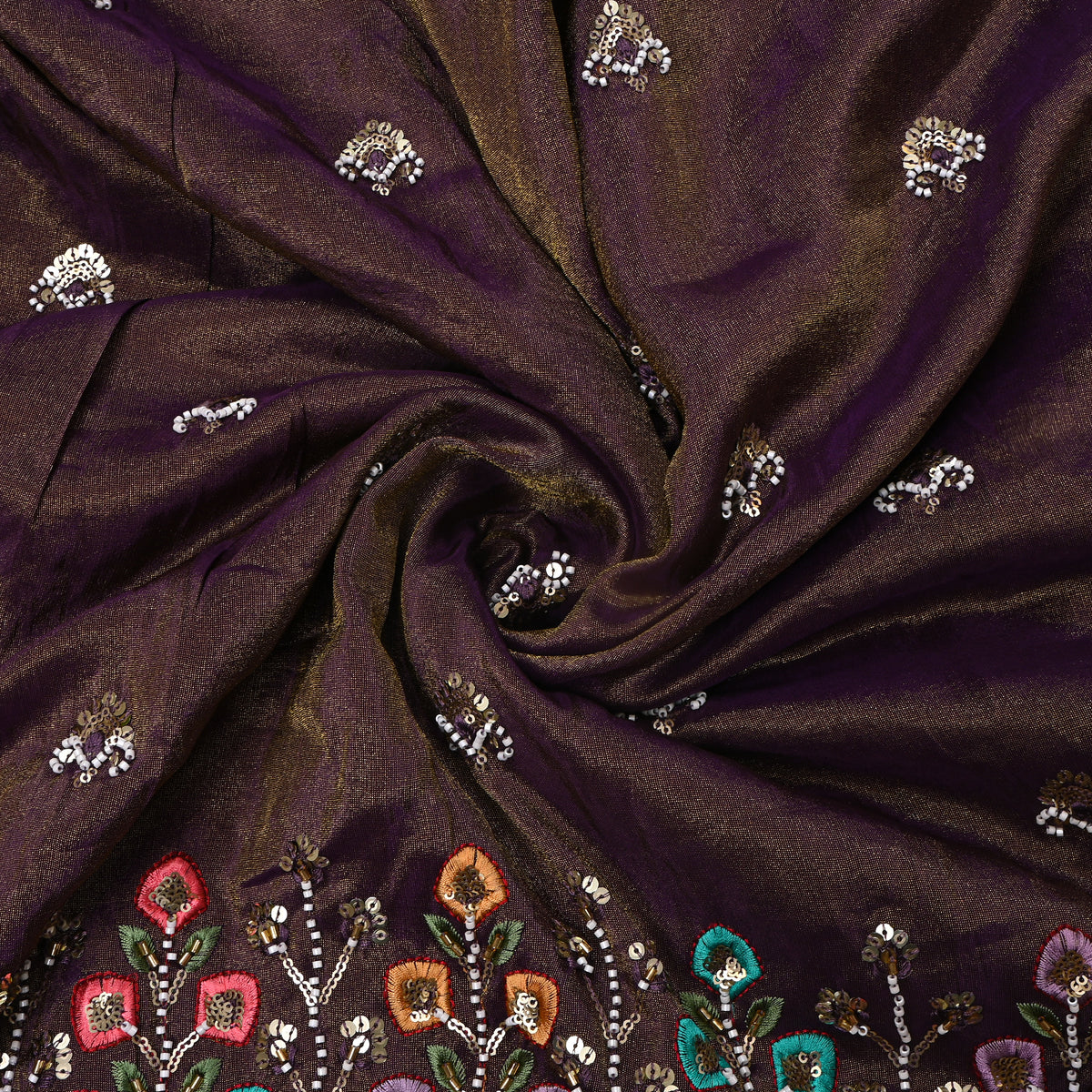 Deep Plum Sequin Butti Embroidery Tissue Fabric