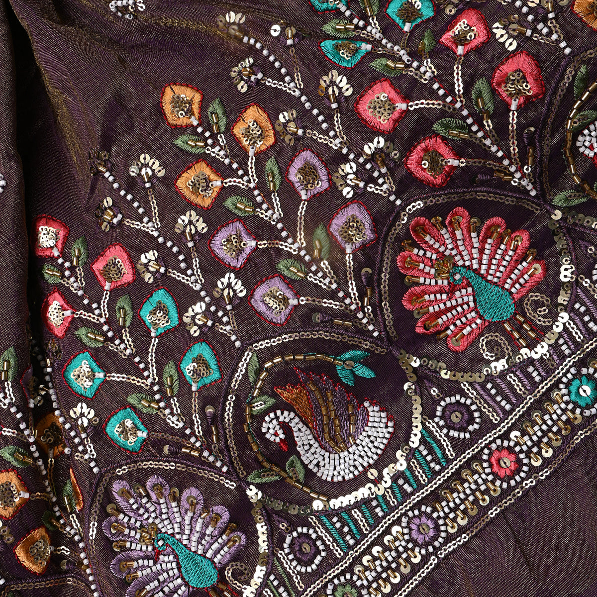 Deep Plum Sequin Butti Embroidery Tissue Fabric