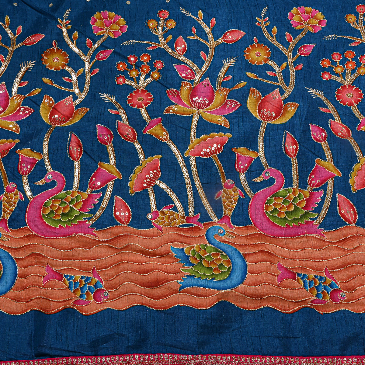 Peacock Blue Swan Lotus Sequin Printed Embroidery Dupion Silk Fabric