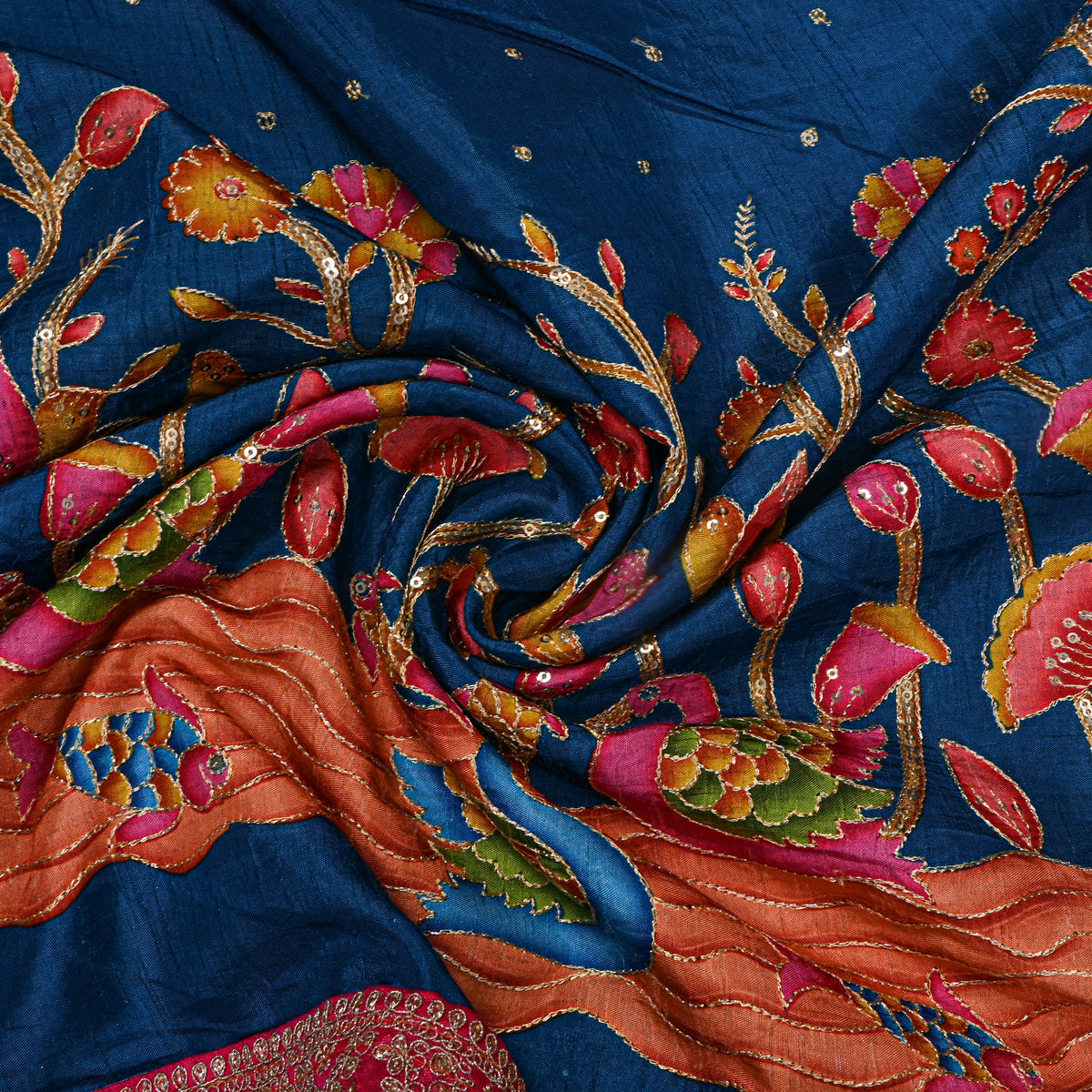 Peacock Blue Swan Lotus Sequin Printed Embroidery Dupion Silk Fabric
