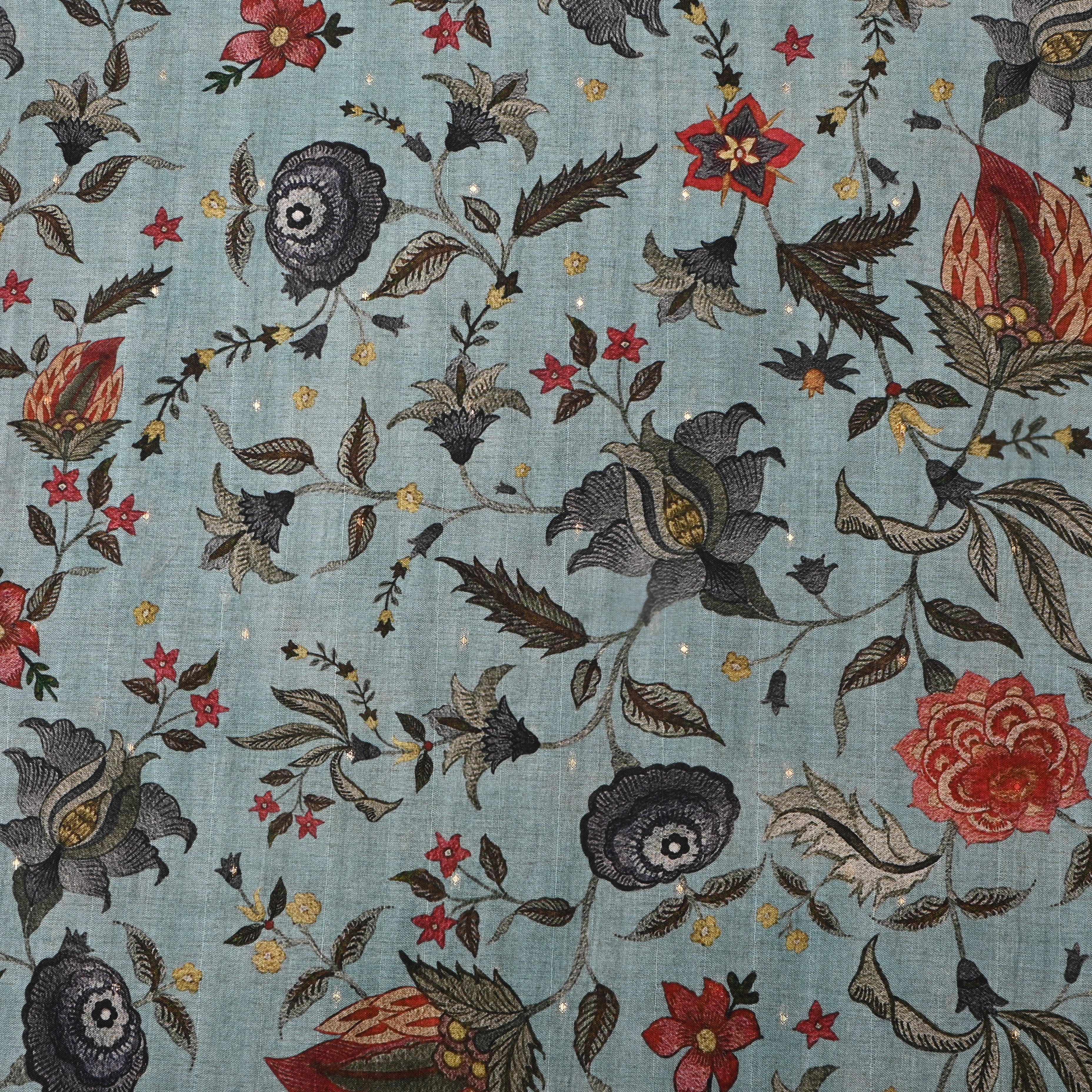 Mint Blue Tussar Fabric With Digital Prints