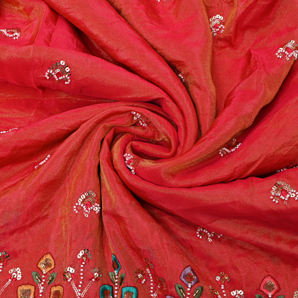 Coral Red Sequin Butti Embroidery Tissue Fabric
