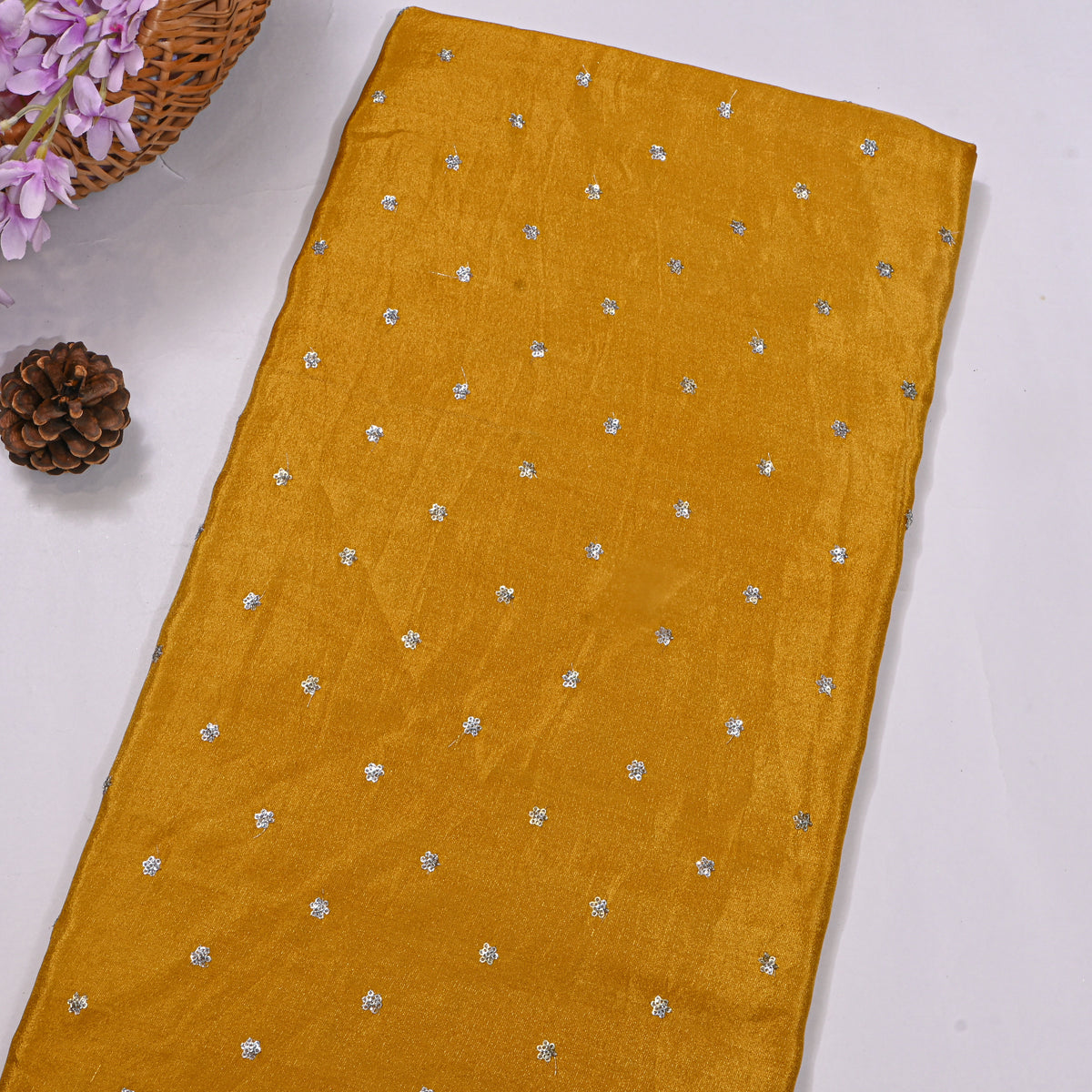 Marigold Yellow Silver Sequin Floral Butti Tissue Fabric