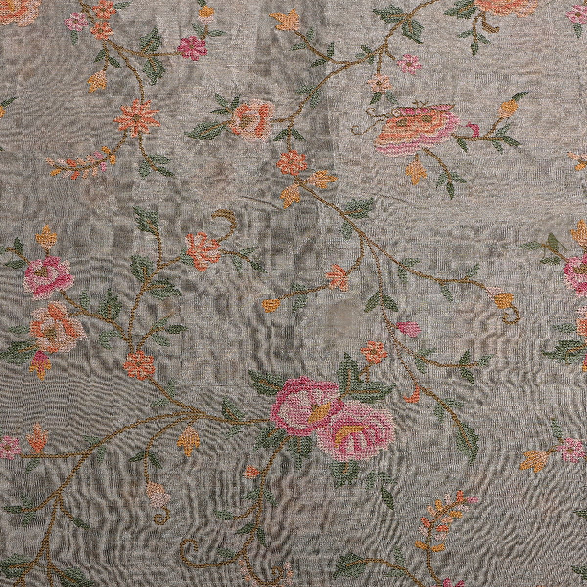 Grey Floral Jaal Thread Work Kanchi Tissue Fabric