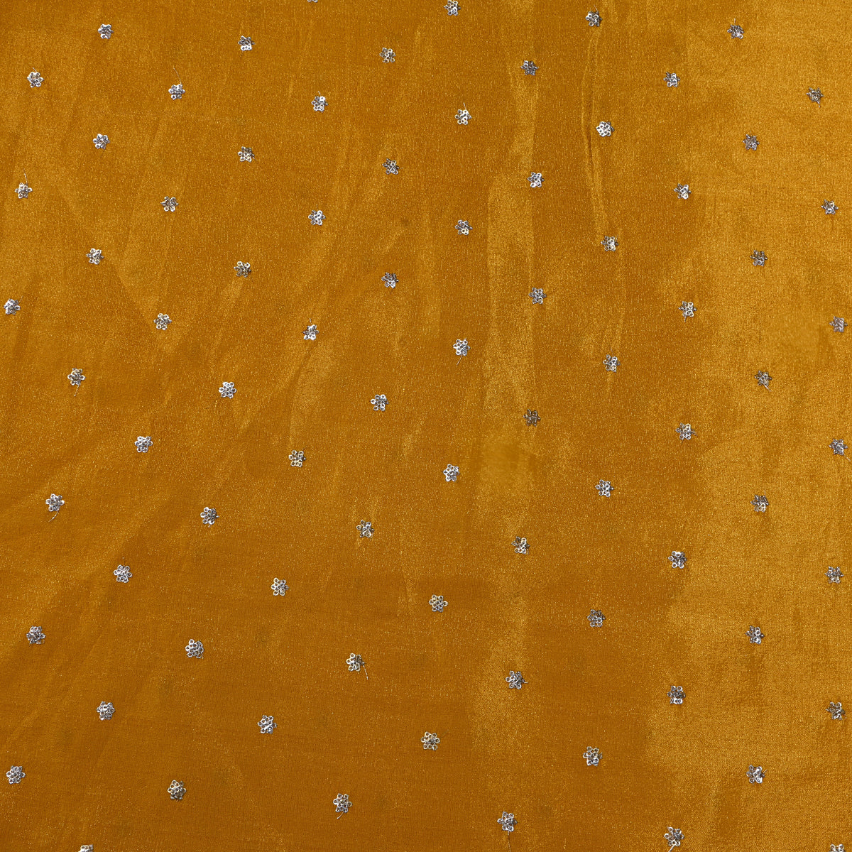 Marigold Yellow Silver Sequin Floral Butti Tissue Fabric