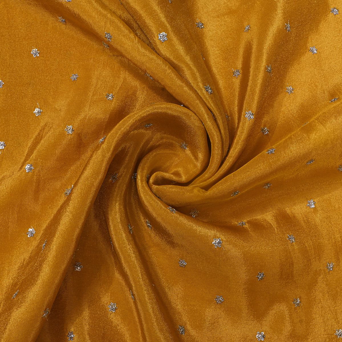 Marigold Yellow Silver Sequin Floral Butti Tissue Fabric