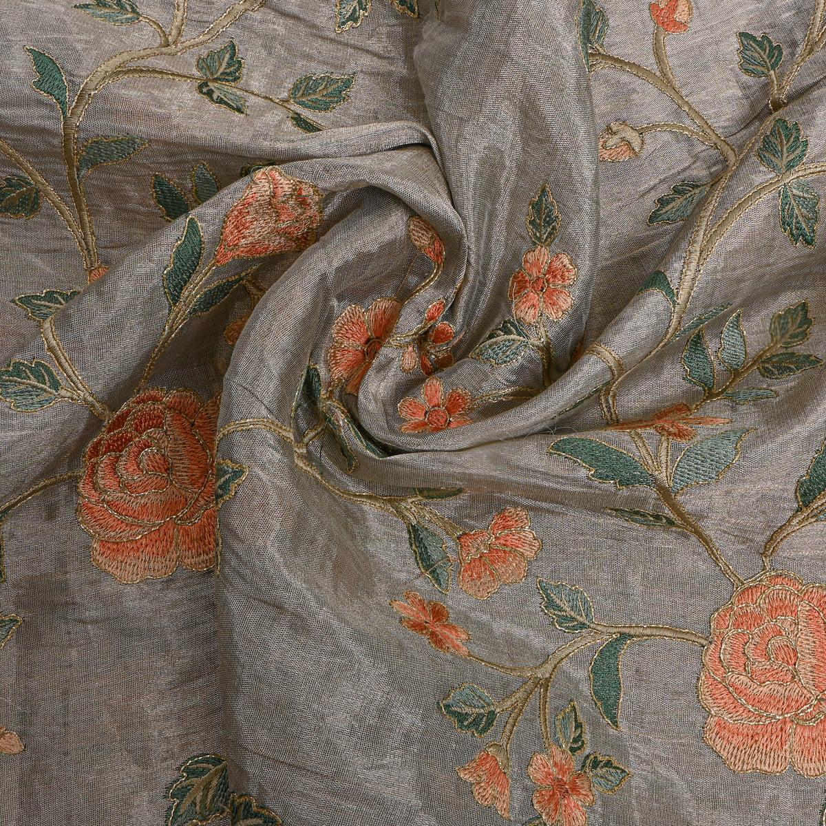 Grey Gold Coral Floral Jaal Thread Work Tissue Fabric
