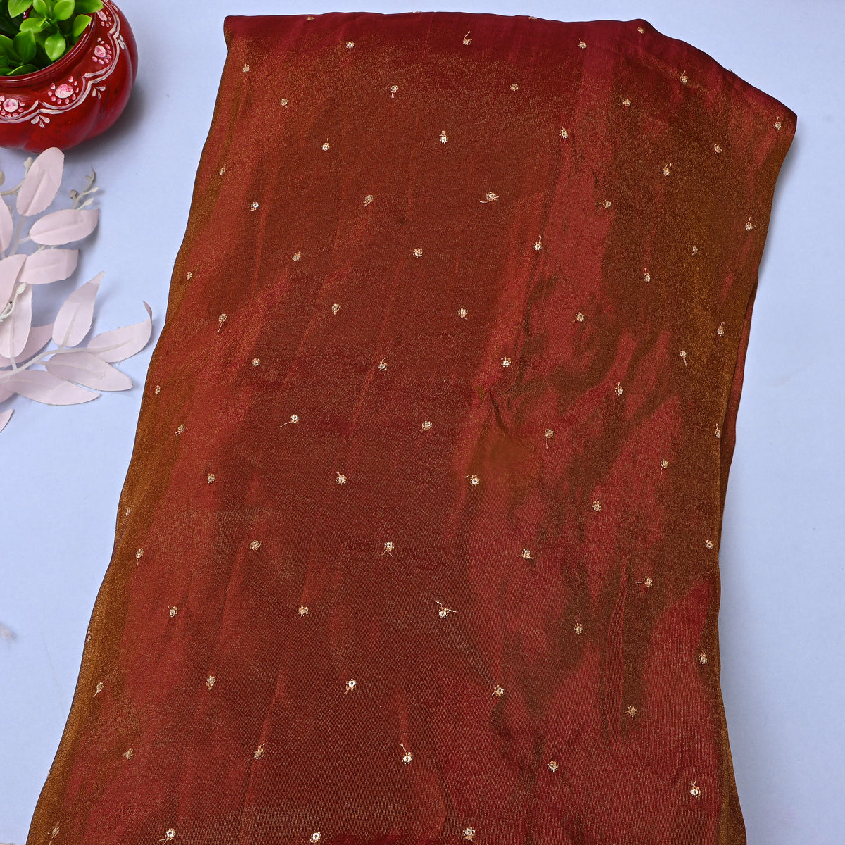 Maroon With Gold Zari Butti Embroidery Tissue Fabric